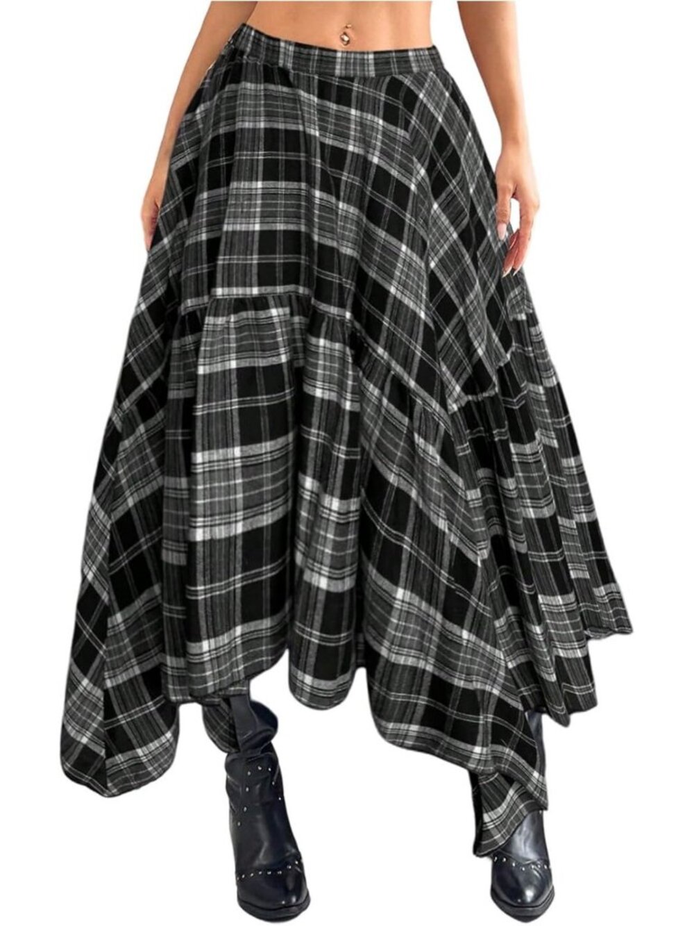 Plus Size Tartan Plaid Maxi Skirt | Y2K A-Line Uneven Hem Fashion Skirt